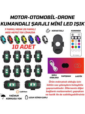 Cybill Store Kumandalı Çakarlı Şarjlı 7 Renk Ve 20 Modlu 10 Adet Mini Led Işık Drone Motorsiklet Araba Bisiklet Işığı