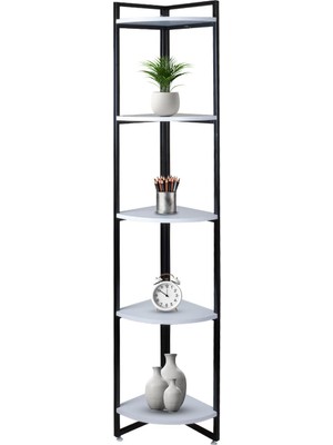 Dekoratif Köşe Rafı 5 Raflı Metal ve Ahşap Kitaplık Çiçeklik Saksılık 200X31 cm