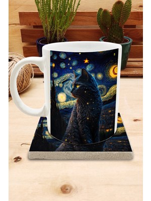 Harikapoli Kediler ve Sanat/van Gogh Yıldızlı Gece The Starry Night Set 8 - Standart Kupa-Taş Bardak Altlığı 8