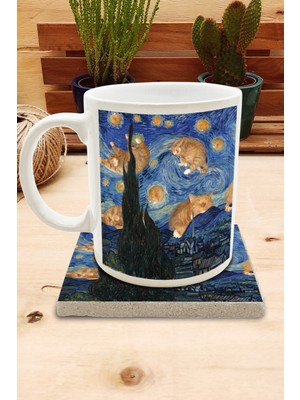 Harikapoli Kediler ve Sanat/van Gogh Set 8 - Yıldızlı Gece(Starry Night) Standart Kupa-Taş Bardak Altlığı 9