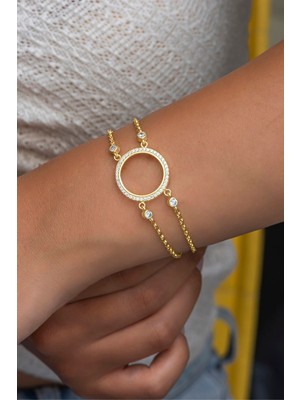 Mediterian 925 Ayar Çift Zincirli Çerçeveli Gümüş Bileklik, Zirkon Taşlı, Altın Renk