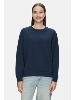 Sunnıva Lacivert Bisiklet Yaka Nakışlı Loose Fit Kadın Sweatshirt