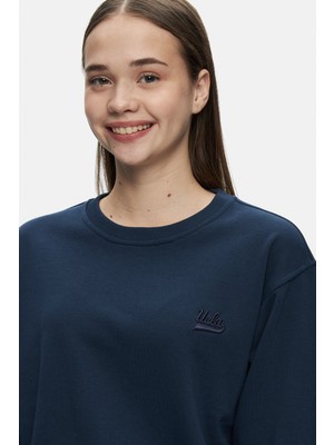 Ucla Sunnıva Lacivert Bisiklet Yaka Nakışlı Loose Fit Kadın Sweatshirt