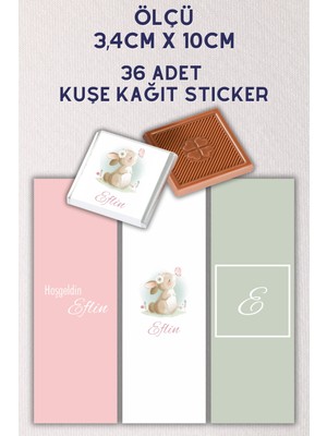 Netsan Etiket Özel Isimli 36 Adet Çikolata Etiketi Yapışkanlı 3,4 x 10CM Kuşe Sticker Tavşan Desen