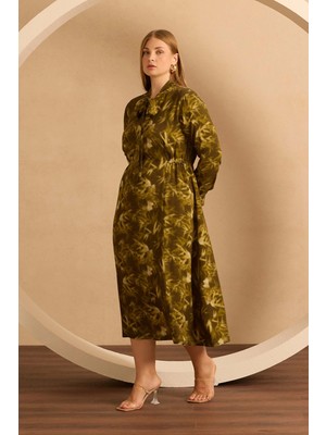 Galaxi Kadın Büyük Beden Desenli Fular Yaka Elbise 4006 Yeşil