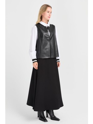 Esswaap Deri Süeterli Gömlekli Etekli Takım Siyah