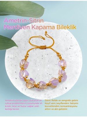 Mediterian Doğal Sitrin ve Ametrin Taşlı Bileklik, Özel Tasarım, Sarı ve Mor Renkler