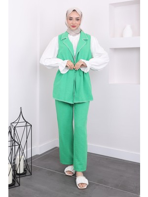 Yeşil Bluz Yelek Pantolon Üçlü Takım