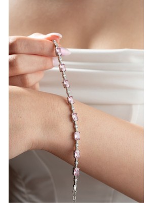 Mediterian 925 Ayar Gümüş Pembe Renkli Zirkon Taşlı Rodyum Kaplama Bileklik