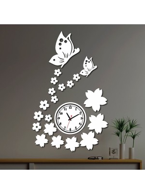 Woodhub Dekoratif Beyaz Kelebek Duvar Saati-  Salon Oturma Yatak Odası Saat +li Kedi Tablo