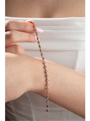 Mediterian 925 Ayar Gümüş Rose Kaplama Mistik Topaz Sıralı Bileklik, Zarif ve Şık Takı