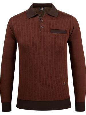 Çizgi Triko Erkek Polo Yaka Triko Kazak Desenli Kol ve Bel Lastikli Çelik Örgü Klasik Kalıp - 5005F