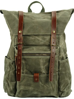 Retro Mumlu Kanvas Deri Büyük Outdoor Sırt Çantası (Yeşil)