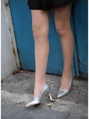 En Cici Moda Gümüş Baskı 8 5 cm Stiletto Ayakkabı