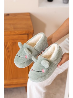 Bykujo Kadın Ev Ayakkabısı Mint Yeşili Tekstil Kışlık Konforlu Kaydırmaz Tabanlı