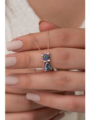 Mediterian 925 Ayar Gümüş Pembe Taşlı Kedi Kolye, şık ve zarif tasarım