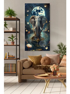 Emilart Dekoratif Göl Dolunay Manzaralı Kayık Üzerinde Fil Lotus Çiçekleri Özel Tasarım Kanvas Tablo