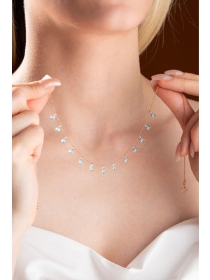 Mediterian 925 Ayar Sıralı Damla Aquamarin Taşlı Kadın Gümüş Kolye, Mavi, Zarif ve Şık Takı