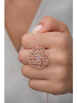 Mediterian Pembe Taşlı Yaşam Çiçeği Gümüş Kolye, 925 ayar, Zirkon, şık ve zarif tasarım
