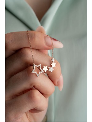 Mediterian 925 Ayar Gümüş Pembe Yıldızlı Kolye Seti, Zirkon Taşlı, Şık ve Zarif Takı