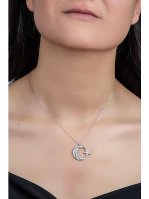 Mediterian Ay Yıldızlı Gümüş Kolye, Zarif ve Şık Takı, 925 Ayar, Zirkon Taşlı