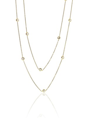 Mediterian Parlak zirkon taşlı uzun şık kolye, 100 cm, doğal taş, altın renk, zarif takı aksesuarı