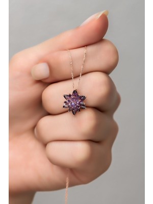 Mediterian Mor Lotus Çiçekli Gümüş Kolye, Zarif ve Şık Takı, 925 Ayar, Zirkon Taşlı