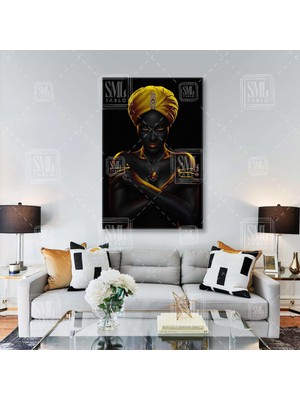 SML Tablo Afrikalı Sarı Eşarplı Kadın Etnik Gold Eşarplı Make Up Gold Dikey Kanvas Tablo