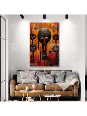 SML Tablo Afrika Kültürü Etnik Semboller Afrikan Kabilesi Ahşap Maske Dekor Dikey Kanvas Tablo