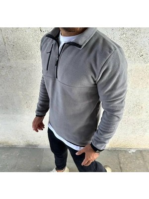 Belabre Erkek Yarım Fermuarlı Gögüs Cep Detaylı Gri Polar Sweatshirt