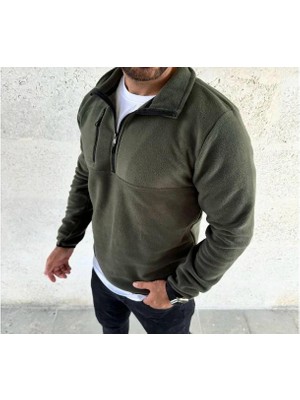 Belabre Erkek Yarım Fermuarlı Göğüs Cep Detaylı Haki Yeşil Polar Sweatshirt