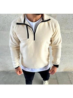 Belabre Erkek Yarım Fermuarlı Gögüs Cep Detaylı Ekru Polar Sweatshirt