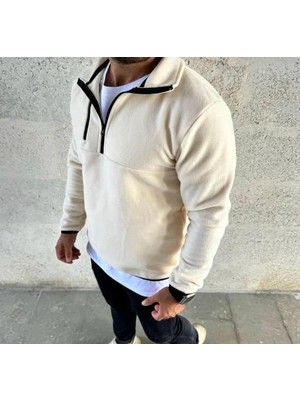 Belabre Erkek Yarım Fermuarlı Gögüs Cep Detaylı Ekru Polar Sweatshirt