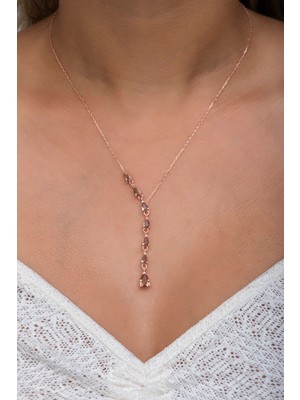 Mediterian 925 Ayar Gümüş Pembe Doğal Taş Sıralı Zarif Kolye