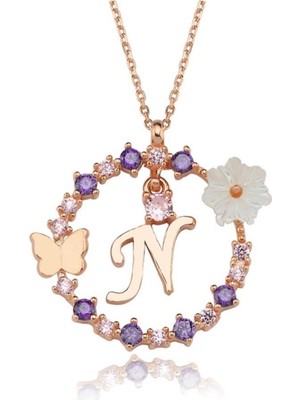 Mediterian Mor zirkon taşlı şık ve zarif gümüş kolye, N harfi tasarımı
