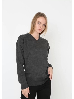 Tarz Yeri Unisex V Yaka Triko Kazak - Antrasit