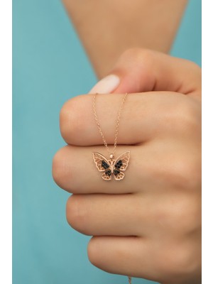 Mediterian 925 Ayar Gümüş Siyah Zirkon Kelebek Kolye, şık ve zarif tasarım ile göz alıcıdır