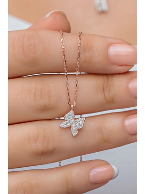 Mediterian 925 Ayar Gümüş Kelebek Kolye, Pembe Zirkon Taşlı, Zarif ve Şık Takı