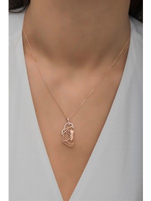 Mediterian Pembe Gümüş Rose Kolye, Zarif Anne-Bebek Takısı, 925 Ayar, Zirkon Taşlı