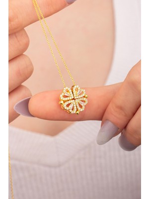 Mediterian 925 Ayar Gümüş Açılan Kalp Yonca Kolye, Zirkon Taşlı, Altın Kaplama