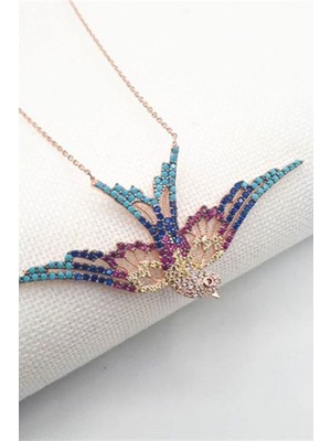 Mediterian Renkli taşlı gümüş kuş kolye, zarif ve şık tasarım, 925 ayar, beyaz taş