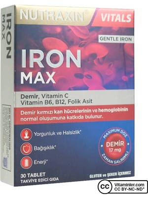 Nutraxin Iron Max 30 Tablet Takviye Edici Gıda, Demir ve Vitamin C ile Enerji Desteği Sağlar