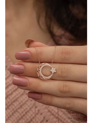 Mediterian Pembe gümüş ay yıldız kolye, zarif ve şık tasarım, 925 ayar, zirkon taşlı, güzel takı