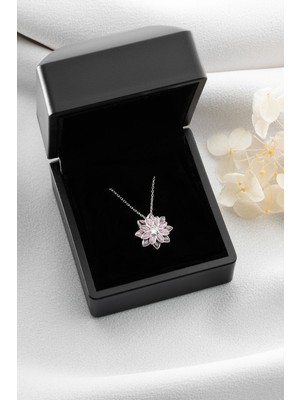 Mediterian Işıklı Lotus Çiçeği Kolye, 925 Ayar Gümüş, Zirkon Taş, Pembe Renk
