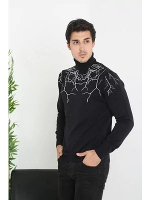 Tarz Yeri Baskılı Tam Boğazlı Uzun Kol Dokuma Triko - Siyah