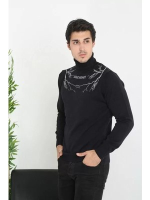 Tarz Yeri Baskılı Tam Boğazlı Uzun Kol Dokuma Triko - Siyah