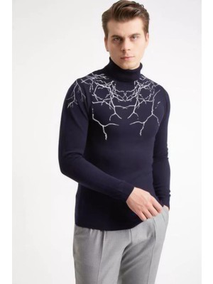 Tarz Yeri Baskılı Tam Boğazlı Uzun Kol Dokuma Triko - Lacivert