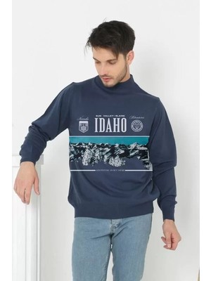 Tarz Yeri Baskılı Yarım Boğazlı Uzun Kol Dokuma Triko - Indigo