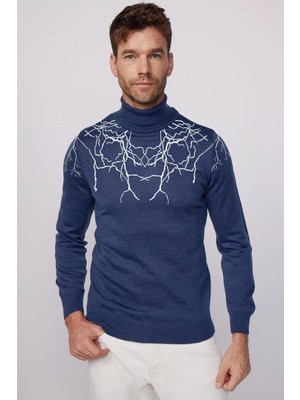 Tarz Yeri Baskılı Tam Boğazlı Uzun Kol Dokuma Triko - Indigo