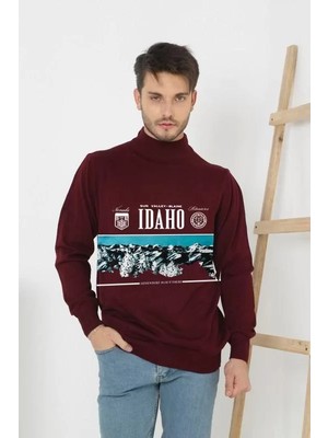 Tarz Yeri Baskılı Yarım Boğazlı Uzun Kol Dokuma Triko - Bordo